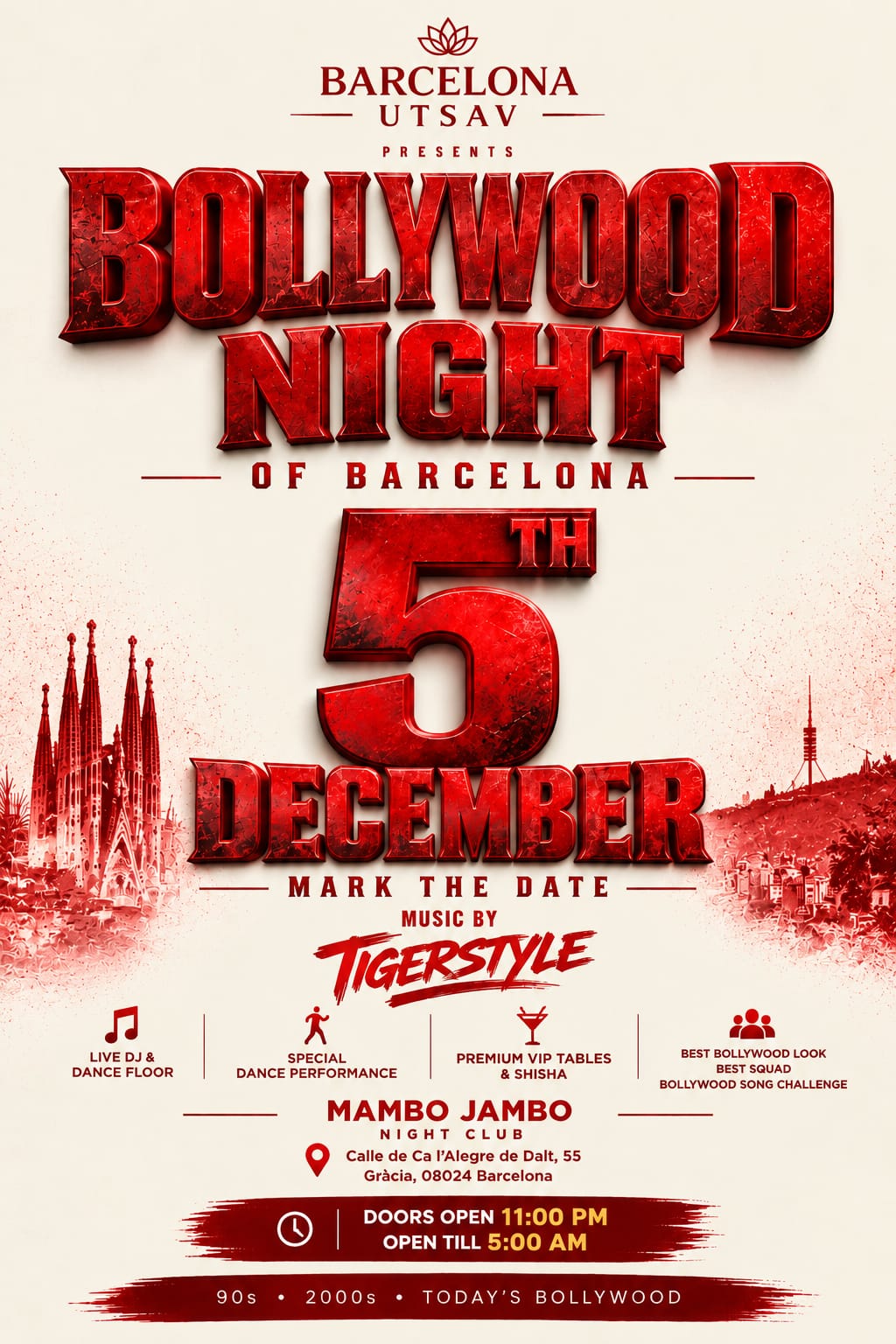 Barcelona Utsav presents Bollywood Night of Barcelona poster: 5 December 2026 at Mambo Jambo Night Club, music by Tigerstyle