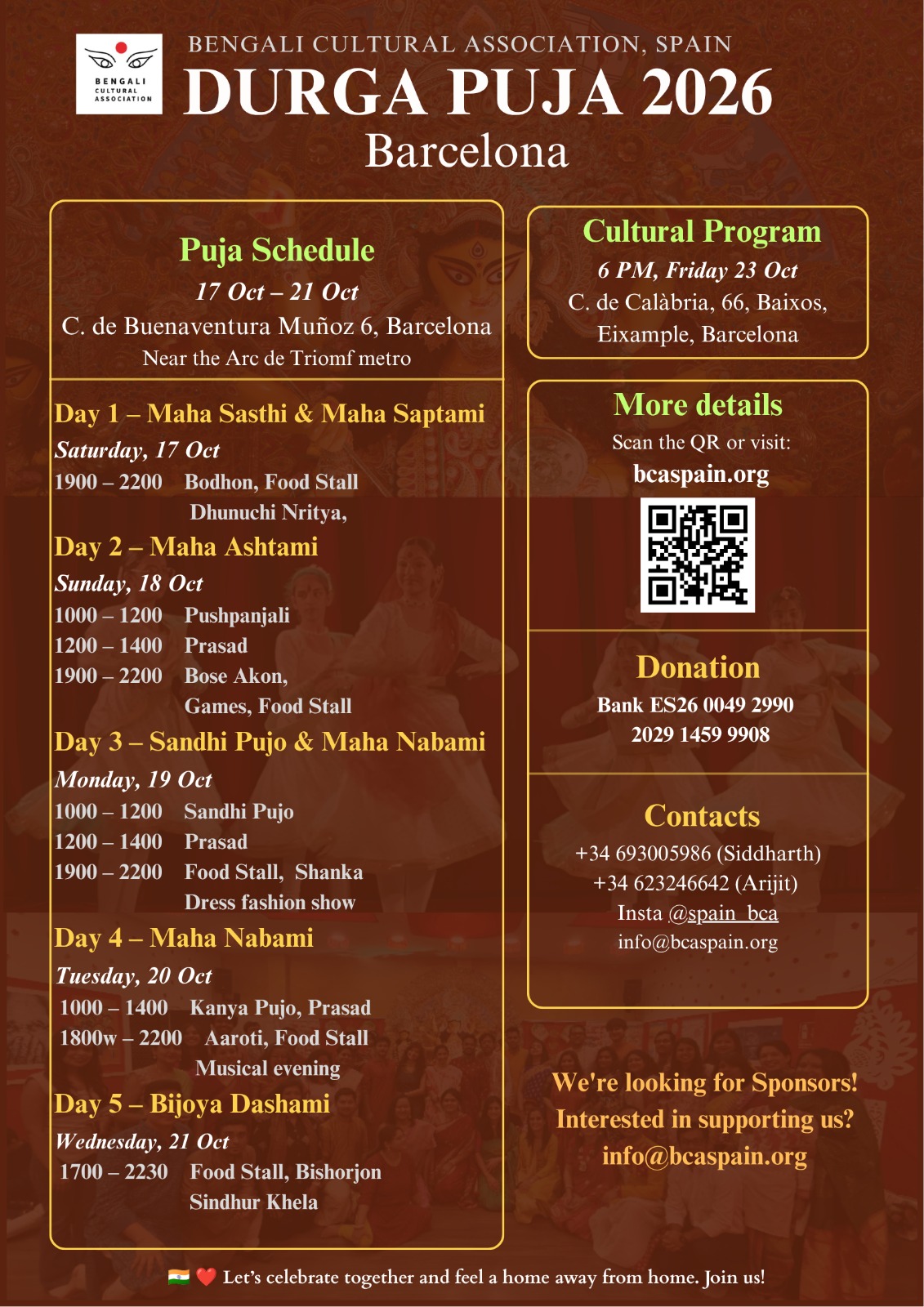 Durga Puja 2026 flyer – Bengali Cultural Association, Spain, Barcelona