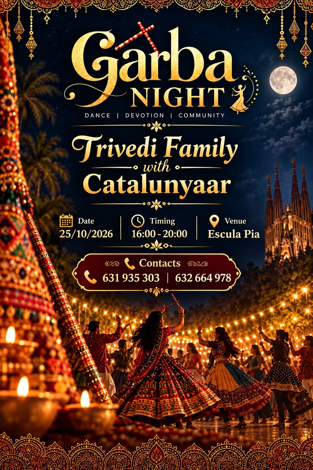 Garba Night poster: Trivedi Family with Catalunyaar, 25 October 2026, 16:00 to 20:00, Escola Pia, Barcelona