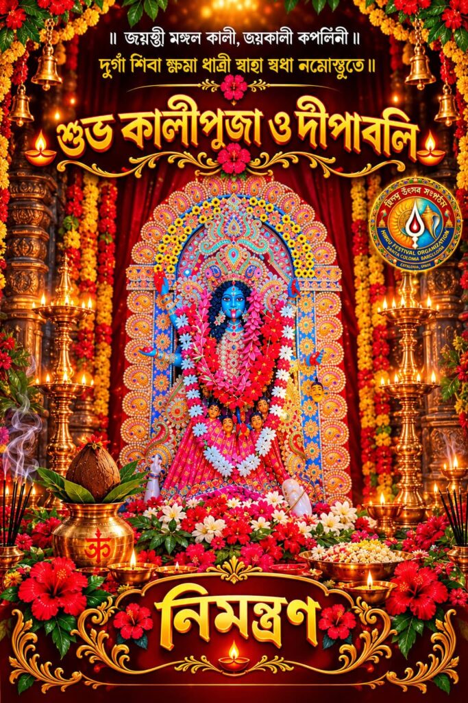 Invitation poster for Shubho Kali Puja and Dipabali 2026 by Hindu Festival Organization, Santa Coloma de Gramenet