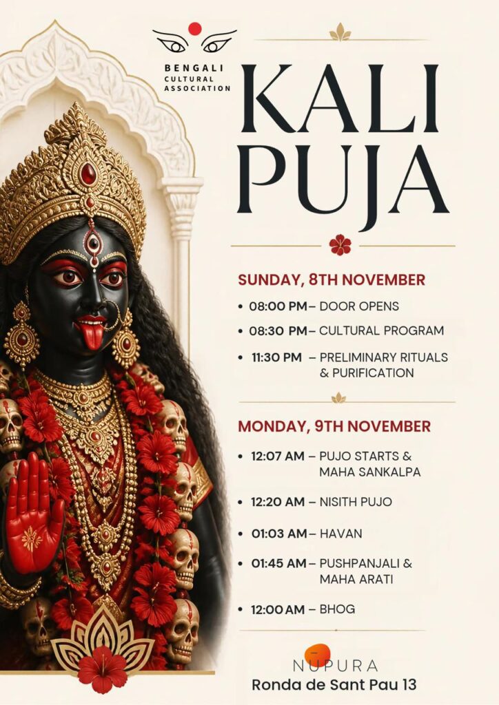 Kali Puja poster by the Bengali Cultural Association: Sunday 8 and Monday 9 November at Nupura, Ronda de Sant Pau 13, Barcelona