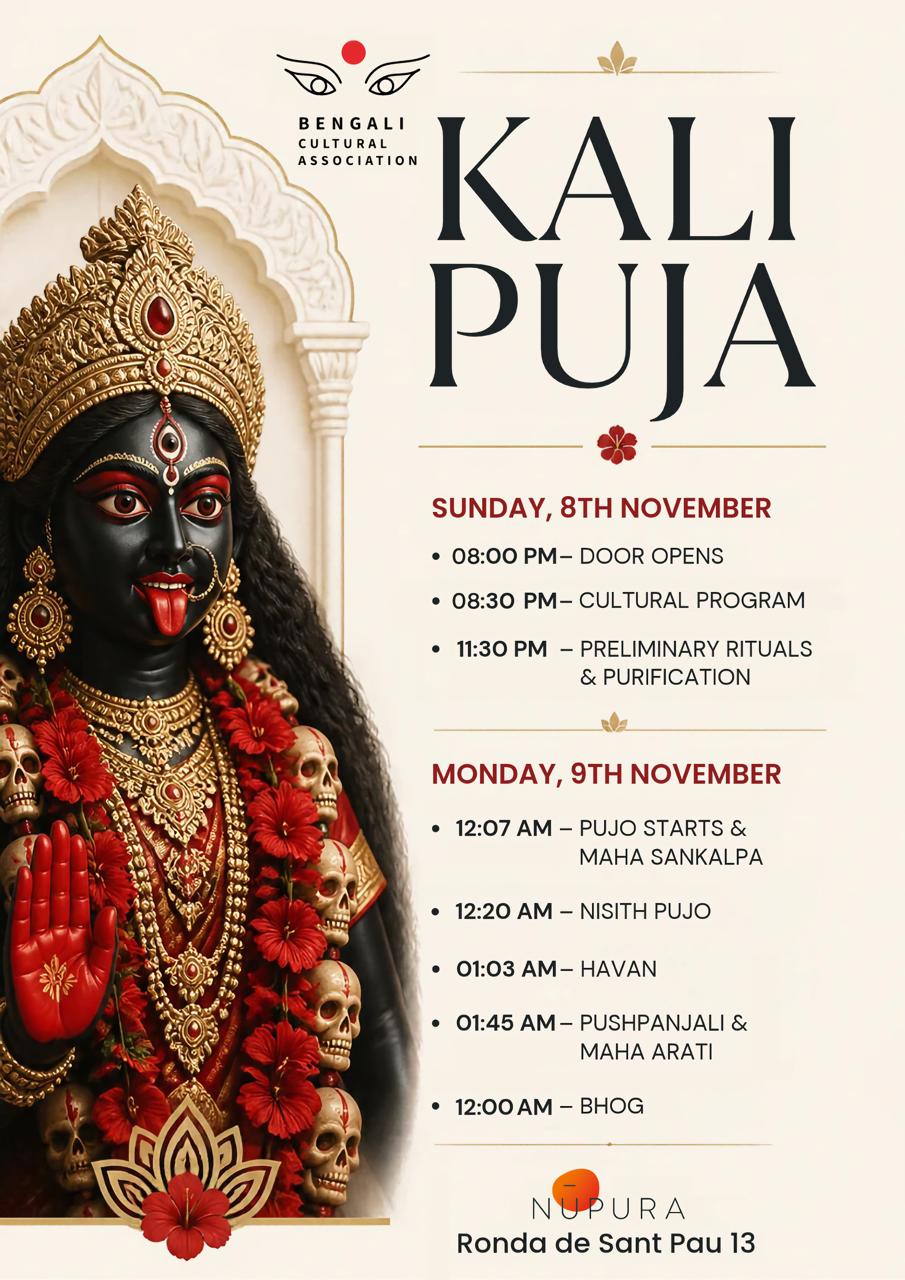 Kali Puja poster by the Bengali Cultural Association: Sunday 8 and Monday 9 November at Nupura, Ronda de Sant Pau 13, Barcelona