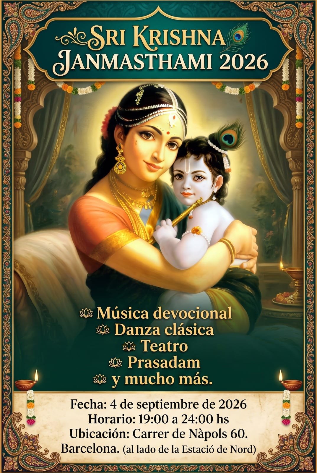 Official Sri Krishna Janmashtami 2026 Barcelona flyer — Carrer de Nàpols 60, 4 September, 19:00 to 24:00