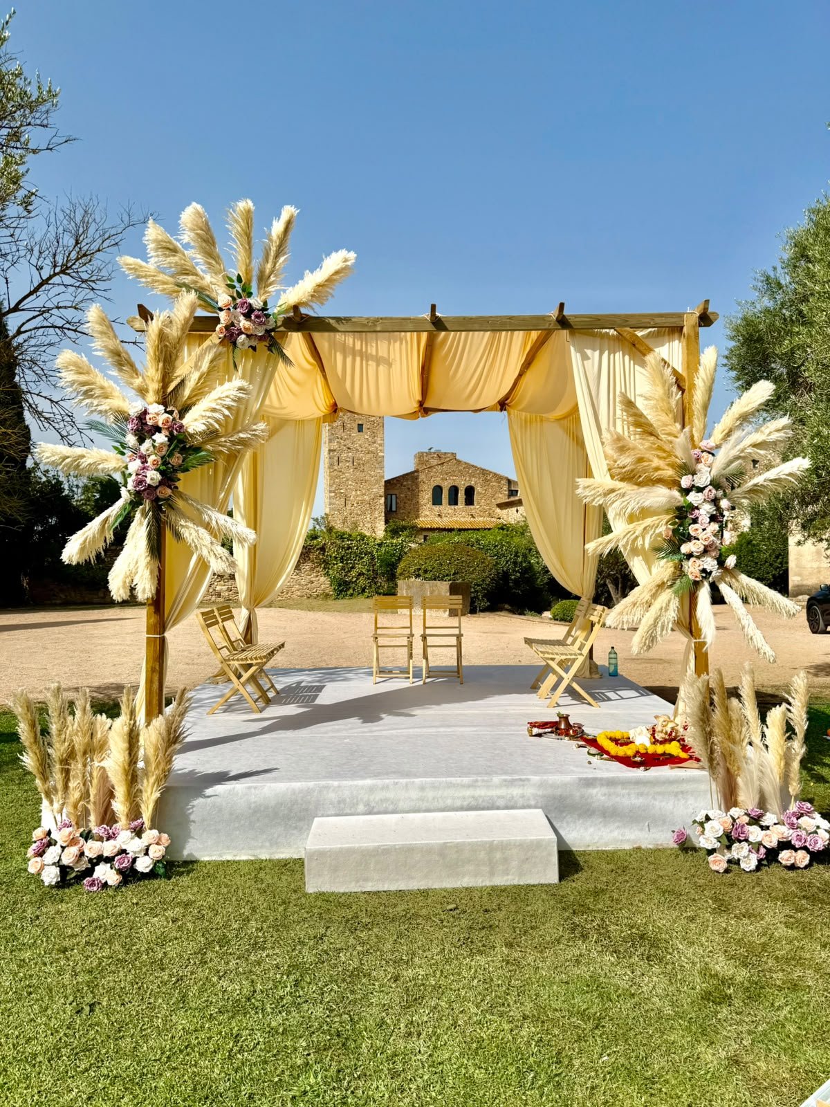 Sha Celebrations pampas grass and floral wedding mandap in Catalonia