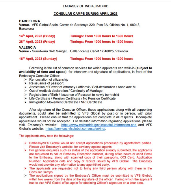 Consular Camp in Barcelona by Embassy of India in for April 2023 at VFS Global Spain