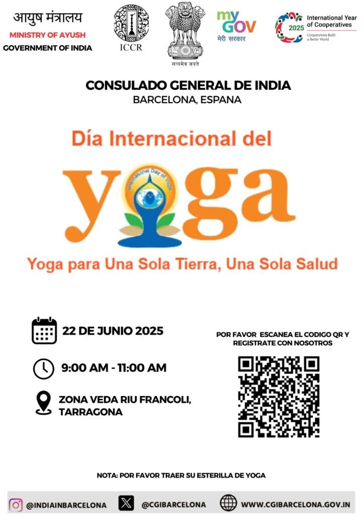 QR code for registering to the International Day of Yoga 2025 event in Tarragona, organized by the Indian Consulate in Barcelona.