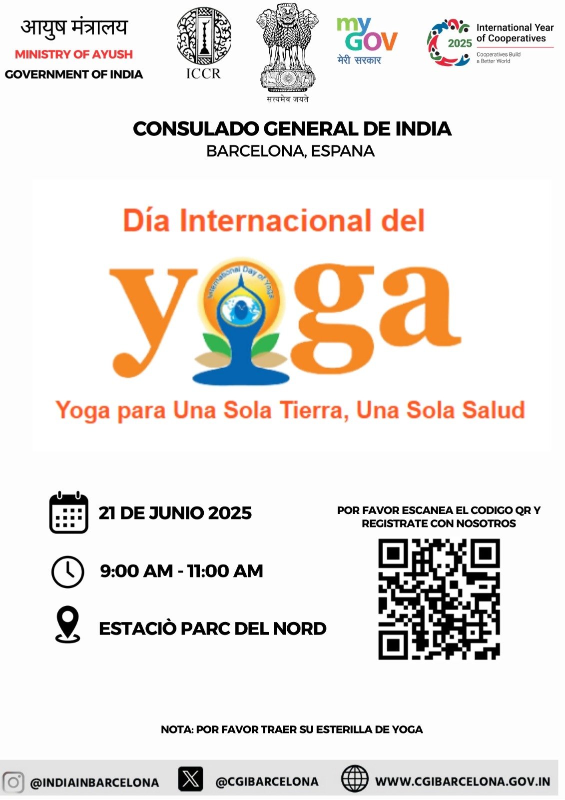 QR code for registering to the International Day of Yoga 2025 event in Barcelona, hosted by the Indian Consulate.