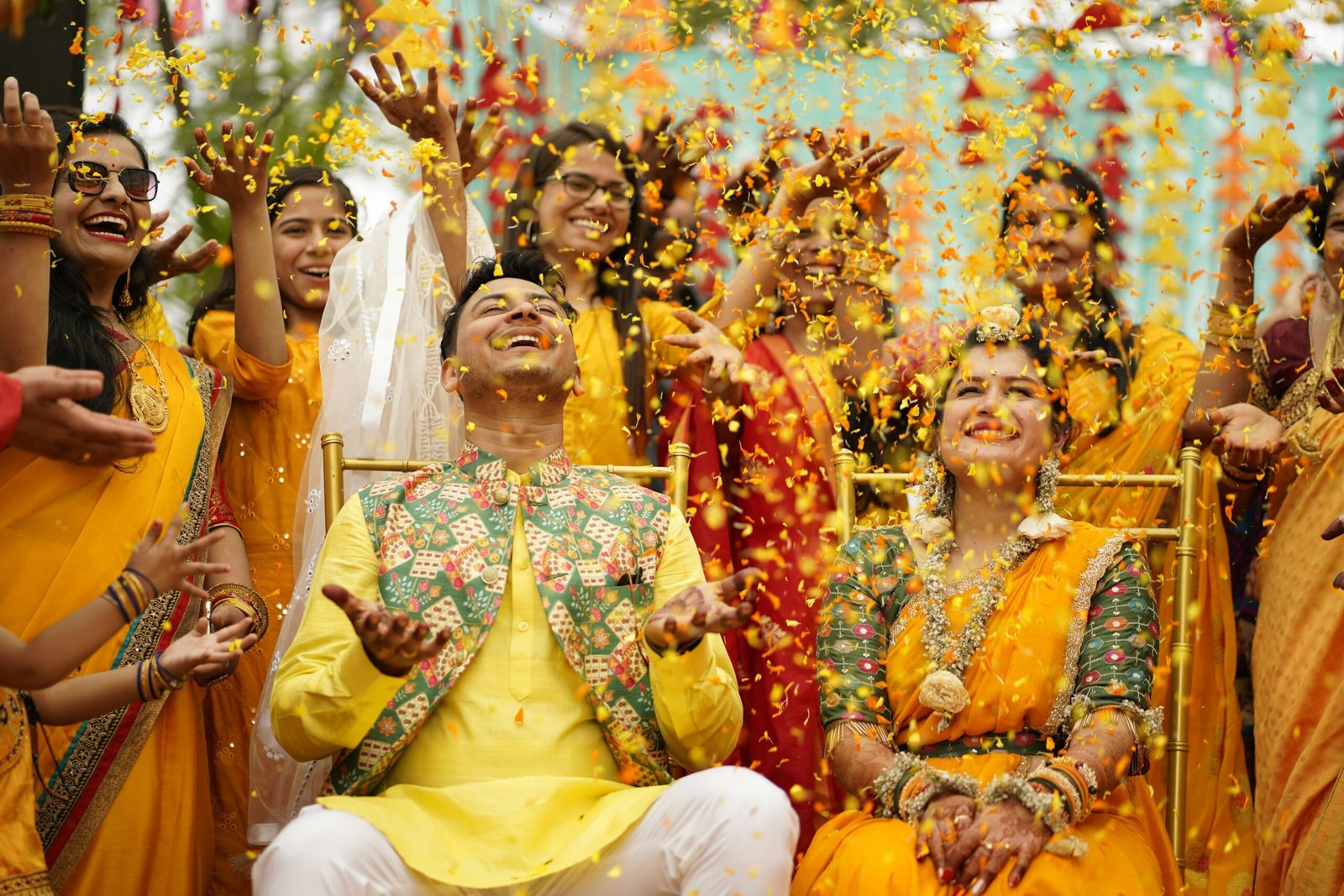 Gujarati wedding mandap setup at a destination wedding in Spain with floral décor and traditional attire.