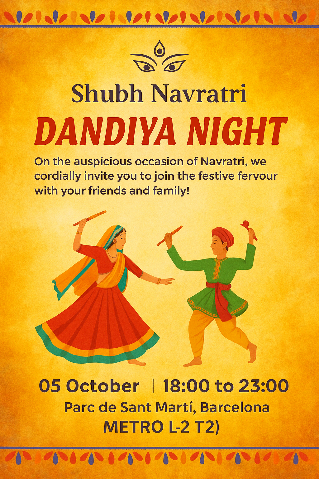 Colorful event poster of Shubh Navratri Dandiya Night 2025 in Barcelona with details about free entry, venue at Parc de Sant Martí, and traditional Garba & Dandiya celebration.