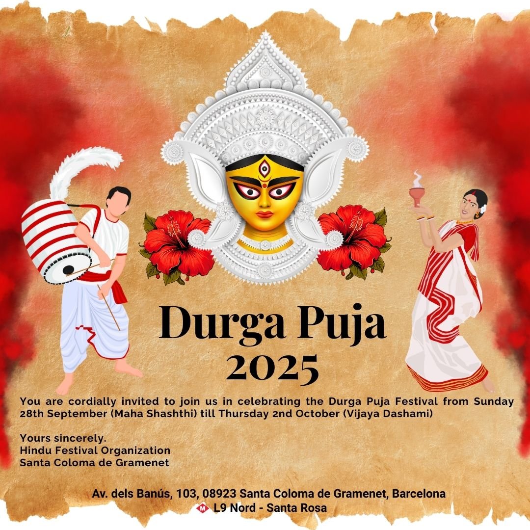 Durga Puja 2025 celebration in Barcelona, Santa Coloma – traditional rituals, cultural programs, and community gathering organized by Hindu Festival Organization.