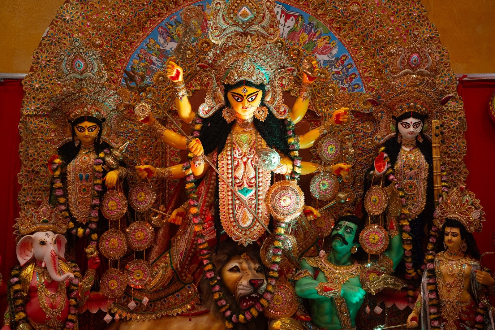 Durga idol beautifully decorated during Durga Puja 2025 celebrations in Barcelona, organized by the Bengali Cultural Association.