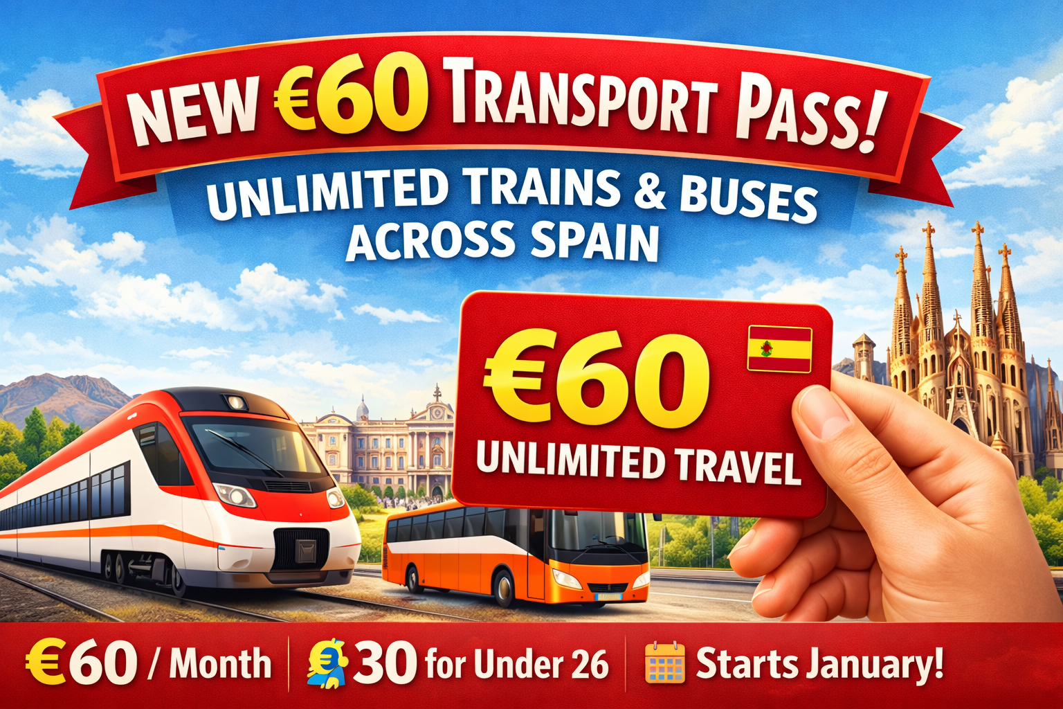 Spain’s new €60 transport pass allowing unlimited travel on trains and buses across the country.