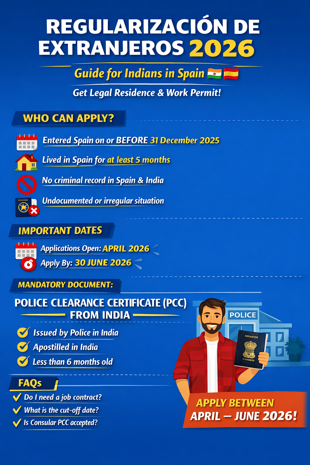 Regularización de Extranjeros 2026 poster showing eligibility, dates and PCC requirements for Indians living in Spain