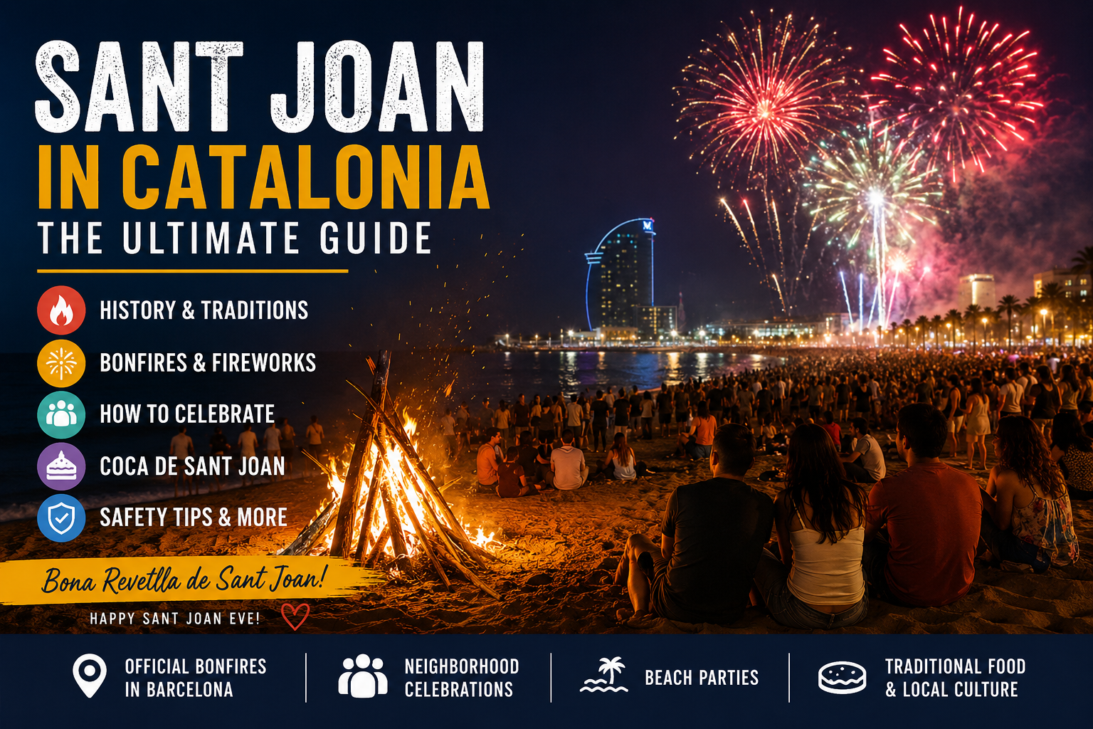 Fireworks and bonfires during Sant Joan celebrations in Barcelona with people gathering on the beach and in neighborhood festivals.