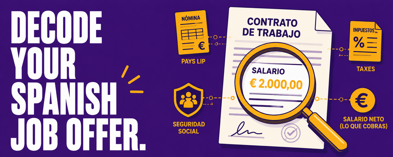 Flat illustration of a Spanish employment contract with a magnifying glass explaining salary, taxes and Social Security for jobs in Spain.