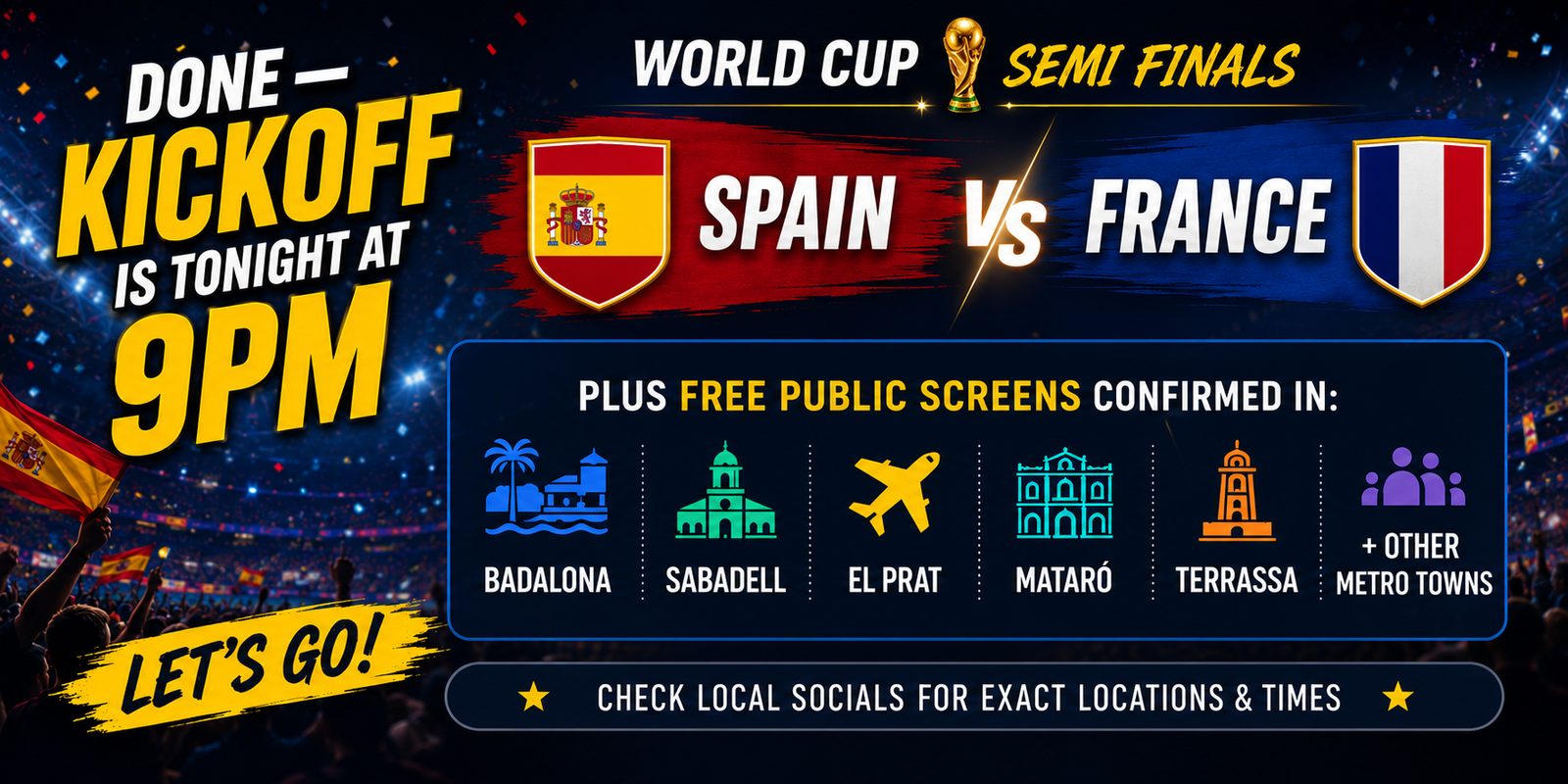 Kickoff is at 9 PM tonight. Here's every free public screening spot for Spain vs France in Barcelona and nearby towns â€” no tickets needed.