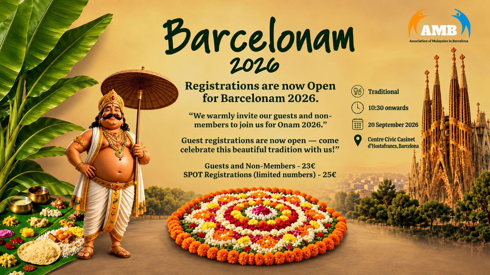 Barcelonam 2026 event poster — Onam celebration by the Association of Malayalees in Barcelona, 20 September 2026 at Centre Civic Casinet d'Hostafrancs