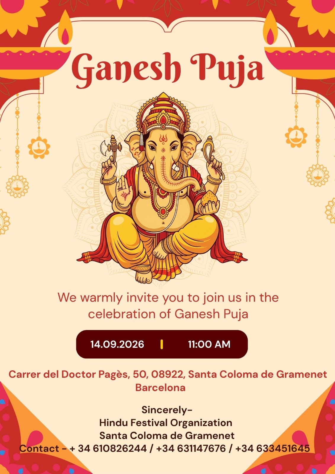 Ganesh Puja 2026 Santa Coloma de Gramenet official event flyer — Hindu Festival Organization, 14 September, 11 AM