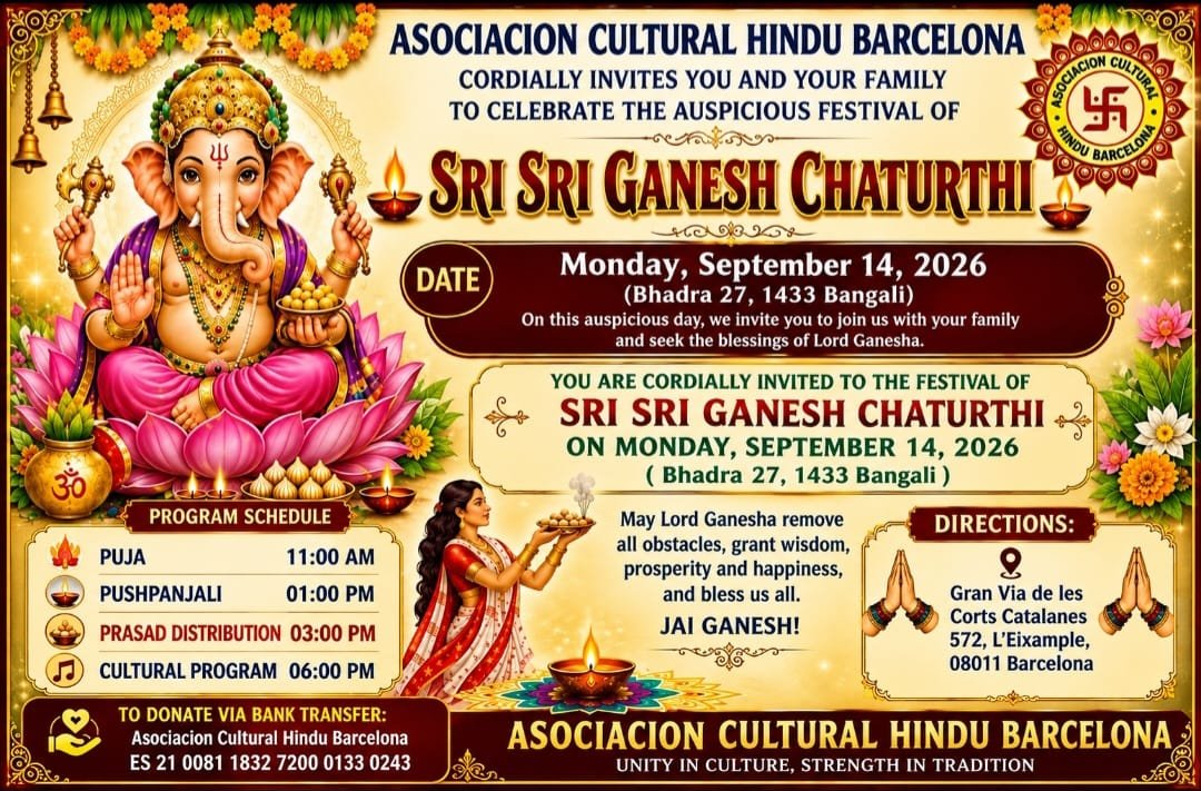 Sri Sri Ganesh Chaturthi 2026 flyer by Asociacion Cultural Hindu Barcelona, showing puja, pushpanjali, prasad, and cultural program schedule at Gran Via de les Corts Catalanes 572, Barcelona