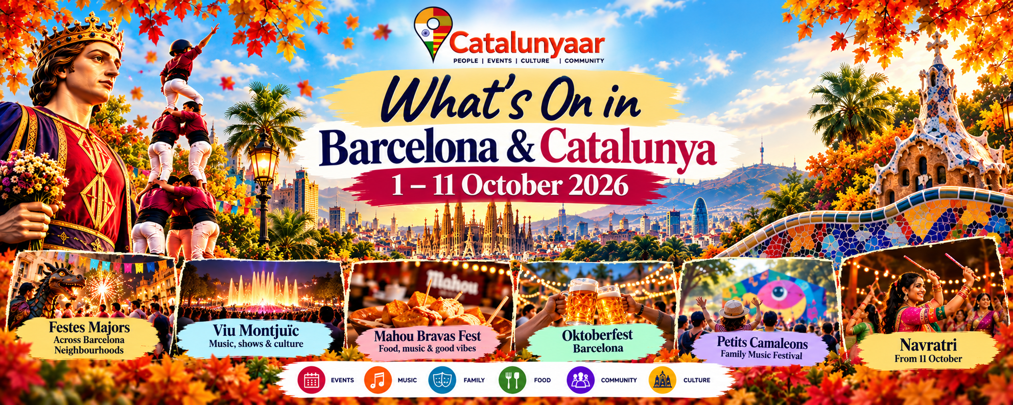 What’s On in Barcelona & Catalunya from 1 to 11 October 2026, featuring Festes Majors, Viu Montjuïc, Mahou Bravas Fest, Oktoberfest Barcelona, Petits Camaleons and Navratri.