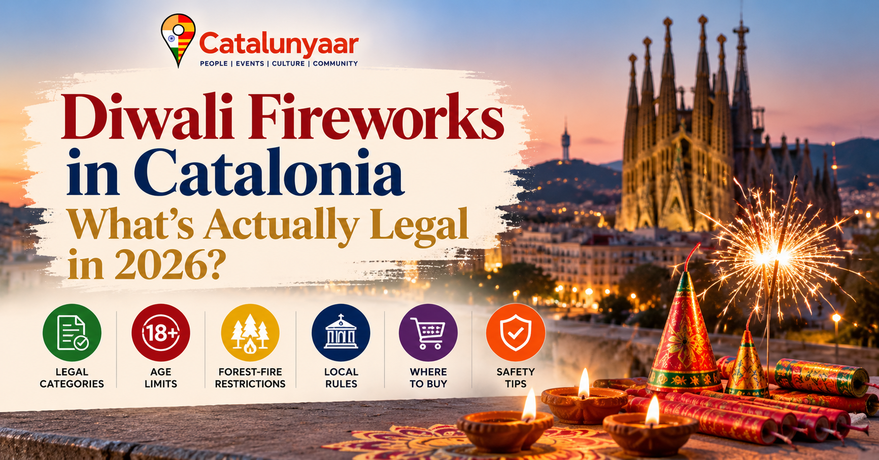 Diwali fireworks and sparklers illustrating Catalonia’s fireworks laws, safety rules and legal restrictions for 2026.
