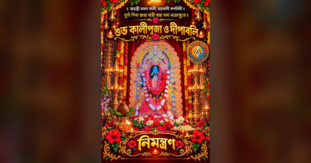 Bengali Kali Puja and Diwali poster featuring Goddess Kali, traditional oil lamps, flowers and a festive Hindu festival organization emblem.